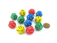 Pack of 12 D12 Spotted 1 to 6 Twice Dice - 3 Each of Green Red Yellow Blue