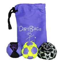 Load image into Gallery viewer, DirtBag Medley Footbag 3-Pack with Pouch, 100% Handmade, Premium Quality, Bright Vivid Colors, Signature Carry Bag - Fluorescent Yellow/Purple
