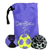 DirtBag Medley Footbag 3-Pack with Pouch, 100% Handmade, Premium Quality, Bright Vivid Colors, Signature Carry Bag - Fluorescent Yellow/Purple