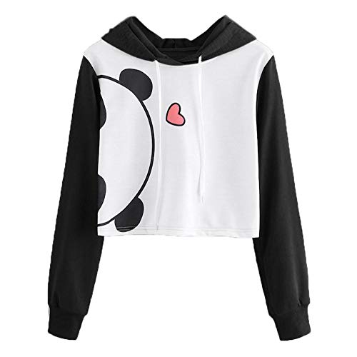 Amiley Women Fall Hoodies,Women Panda Print Patchwork Crop Tops Casual Hoodie Winter Pullover Sweatshirt (Medium, Black)