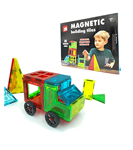 Magnetic Building Tiles - 35 Pieces Colorful Set for Artistic, Creativity and Educational Toys STEM (Science Technology Engineering and Mathematics) for Children Boys and Girls 3 Years and Up