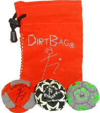 Load image into Gallery viewer, Dirtbag All Star Footbag Hacky Sack 3 Pack with Pouch, 100% Handmade, Premium Quality, Bright Vivid Colors, Signature Carry Bag - Orange/Gray with Orange Pouch
