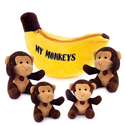 Talking Plush My Monkeys Toy Set | Includes 4 Talking Soft Fluffy Plush Monkeys with A Plush Banana Shaped Carrier | Great Gift for Baby and Toddler Boys or Girls