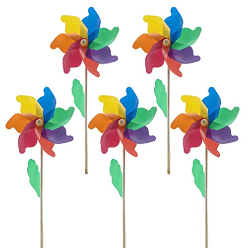 NUOBESTY 5pcs Kids Pinwheels Colorful Windmills with Sticks Outdoor Garden Wind Spinner Toys Party Toys Set for Children Boys Girls 18cm