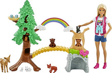 Load image into Gallery viewer, Barbie Wilderness Guide Interactive Playset with Blonde Barbie Doll (12-in), Outdoor Tree, Bridge, Overhead Rainbow, 10 Animals &amp; More, Great Gift for Ages 3 Years Old &amp; Up
