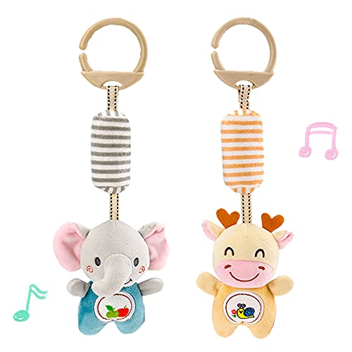 willway 2 Packs Baby Rattles Wind Chime Toys, Hanging Stroller Toys Car Seat Toy for Baby Infant 0-36 Months, Elephant and Giraffe Clip Hanging Plush Squeeze Toys