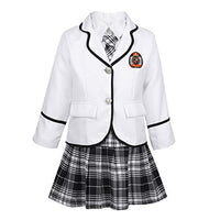 Doomiva Kids Girls 4PCS British School Uniform Cosplay Party Outfits Long Sleeves Jacket with Shirt Plaid Skirt Tie Set White 7-8