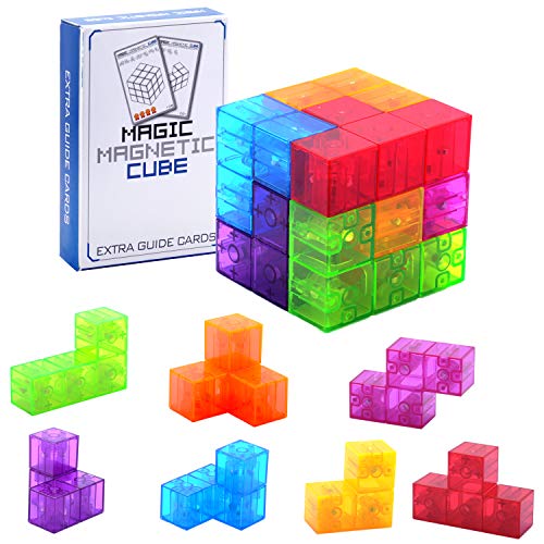 WorWoder Kids Magnetic Building Blocks Magic Magnetic 3D Puzzle Cubes, Set of 7 Multi Shapes Magnetic Blocks with 54 Guide Cards, Intelligence Developing and Stress Relief Fidget Toys for Kids Adults
