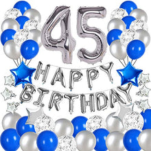 Load image into Gallery viewer, &quot;Blue and Silver 45th Birthday Party Decorations Set- Silver Happy Birthday Banner,Foil Number Balloons, Latex Balloons and More for 45 Years Old Brithday Party Supplies&quot;
