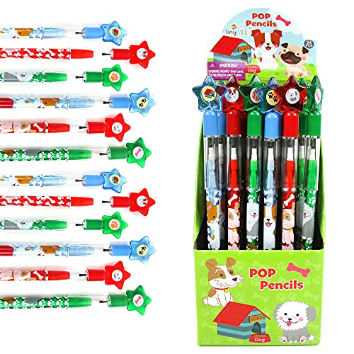 TINYMILLS 24 Pcs Dogs and Puppies Multi Point Stackable Push Pencil Assortment with Eraser for Dog Birthday Party Favor Prize Carnival Goodie Bag Stuffers Classroom Rewards Pinata Fillers