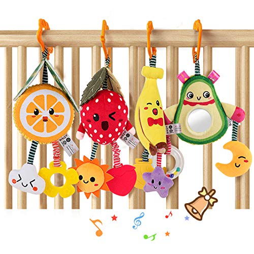 TUMAMA Baby Toys for 3 6 9 12 Months,Hanging Fruit Rattles Avocado,Banana,Orange and Strawberry,Stroller Mobile Toys,Plush Soft Rattles for Boys,Girls Christmas Gifts,4 Pack