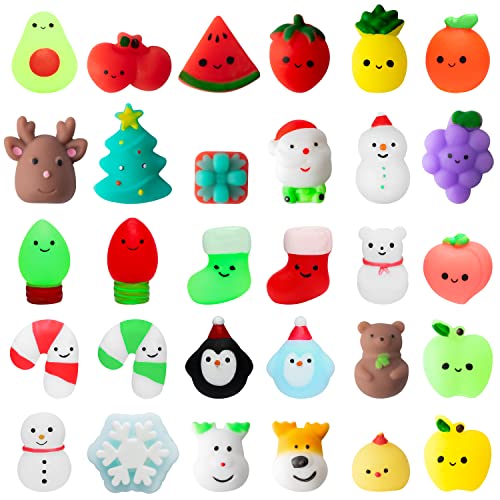 MALLMALL6 30Pcs Christmas Mochi Squeeze Toys for Kids Party Favors, Kawaii Animal Fruit Squeeze Stress Relief Toys for Christmas Decoration Treat Bags Gifts, Birthday Gifts, Goodie Bag