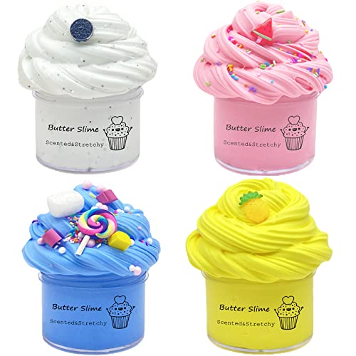 4 Pack Butter Slime Kit Party Favors with Blue, White, Pink and Yellow Colored Slime, Super Soft and Non-Sticky, Birthday Gifts for Kids Girls Boys