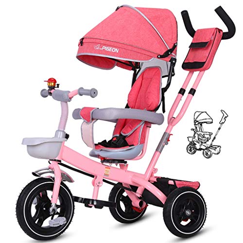 Moolo Children Kids Trike Tricycle Swivel Seat Reclining Backrest 4 in 1 Awnings Canopy Outdoor Boys Girls 1-3-6 Years (Color : Pink)
