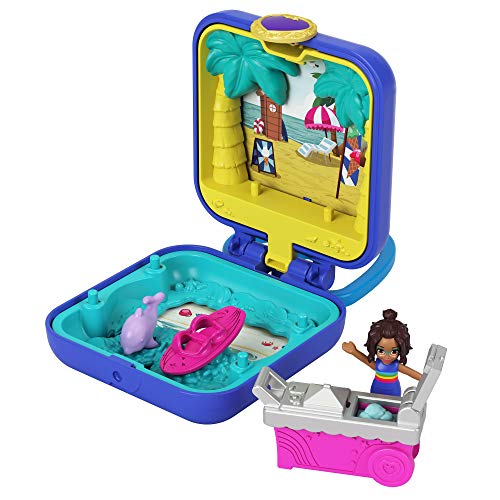 Polly Pocket Shani Tropical Beach Compact with Mobile Ice Cream Cart, Surfboard, Dolphin Figure, Photo Customization, Micro Shani Doll & Sticker Sheet; for Ages 4 Years Old & Up