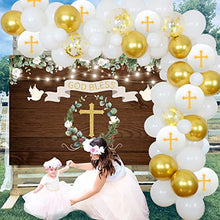 Load image into Gallery viewer, Baptism Party Decorations White and Gold First Holy Communion Decorations for Boys Girls Balloon Garland Kit with Rustic Wood Backdrop, God Bless Christening Decorations for Party
