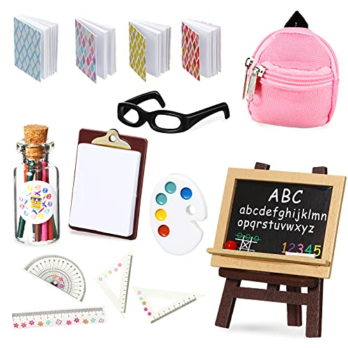 14 Pieces Mini Doll School Supplies for 11.5 inch Doll , Includes Mini Doll Backpack Glasses Blackboard Miniature Books Paper Clipboard Pencil Doll Rulers Doll Accessories(Chic Style)