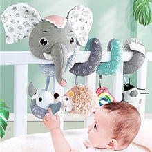 Load image into Gallery viewer, BATOHO Baby Car Seat Toys, Infant Activity Spiral Plush Toys Hanging Stroller Toys for Baby with Musical Owl Rattles Hedgehog Beep Ladybird Squeaker - Gray Elephant
