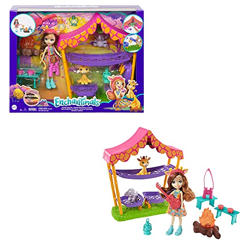 Mattel Enchantimals Savannah Sleepover Playset with Griselda Giraffe Doll (6-in), 2 Animal Friends, Tent, and 10 Accessories, Sunny Savanna Collection, Great Gift for Kids Ages 3Y+