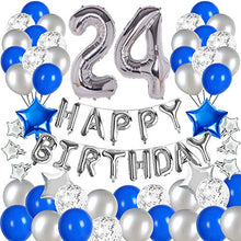Load image into Gallery viewer, &quot;Blue and Silver 24th Birthday Party Decorations Set- Silver Happy Birthday Banner,Foil Number Balloons, Latex Balloons and More for 24 Years Old Brithday Party Supplies&quot;
