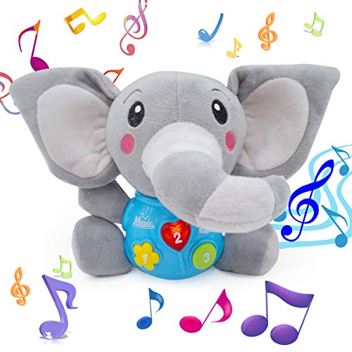 HUALITOY Plush Elephant Baby Music Toy Music Stuffed Animal Toy Lights up Hide and Seek Baby Toy with Sound, Suitable for 0-3-6 Months and Above, Walkers, Babies, Girls and Boys