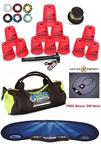 Speed Stacks Custom Combo Set - The Works: 12 NEON Pink Cups, Cup Keeper, Quick Release Stem, Pro Timer, Gen3 Mat, 6 Snap Tops & Gear Bag + Free Bonus: Active Energy Power Balance Necklace $49 Free