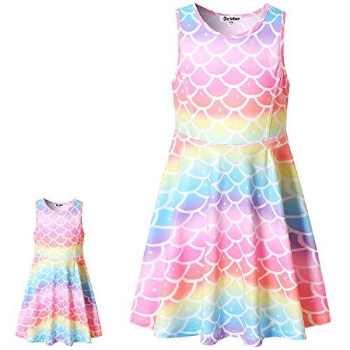 Rainbow Mermaid Summer Dresses Matching Doll & Girls Birthday Party Gifts 4t 5t