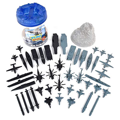 Sunny Days Entertainment Military Air Force Bucket  47 Assorted Battleships and Accessories Toy Play Set for Kids, Boys and Girls | Plastic Boat and Plane Figures with Storage Container