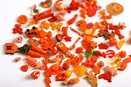TomToy Orange I Spy Trinkets for Rainbow I Spy Bottle/Bag, Colorful Miniatures, Mixed Buttons, Beads, Charms, 1-3cm, Set of 50