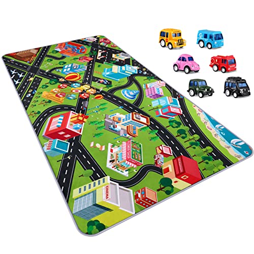 Unomor Kids Carpet Playmat Rug, Crawling Party Game Role Play Children Playmat Floor Cushion Playing Rug, Educational Baby Boy Fun Carpet City Map City Life Game Play Mat for Playing with Car Toy