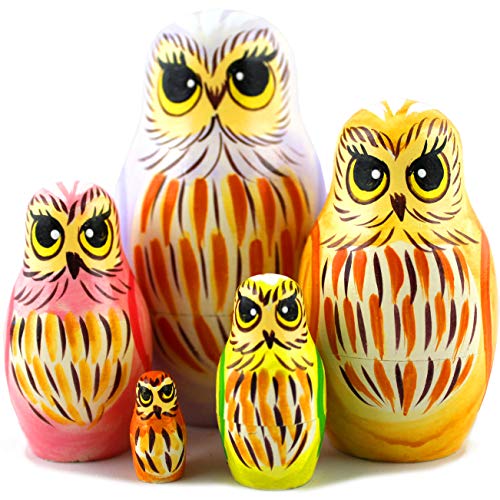 Owl Art Toy - Russian Nesting Dolls Owl Decorations for Home Shelf Decor Accents - Wood Owl Statue Pcs - Owl Gifts Decor Figurines 5 pcs