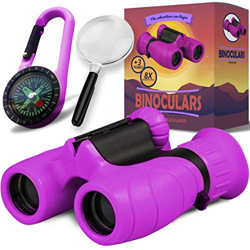 Promora Binoculars for Kids, Set with Magnifying Glass & Compass Purple- Christmas Toys, Kids Binoculars for 3-12 Years Boys and Girls for Toddler, for Kids