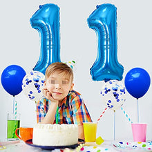 Load image into Gallery viewer, Yijunmca Blue 11 Number Balloons Kit Jumbo Number 11 32&quot; Helium Hanging Balloon Foil Mylar Confetti Latex Balloon for Boys Girls 11th Birthday Party Supplies 11 Anniversary Events Decoration
