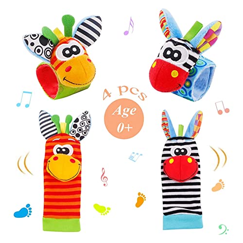 FPVERA Baby Wrist Rattles Toys 4 pcs Newborn Wrist Rattle and Footfinder Set, Soft Animal Rattle Toys for Babies Boys Girls (Deer&Zebra)