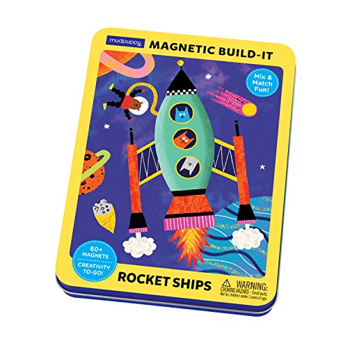 Mudpuppy Rocket Ships Magnetic Build-It Game  Magnetic Toys for Ages 4+, Fun & Compact Travel Activity for Kids, Includes 60+ Magnets and Durable Storage Tin