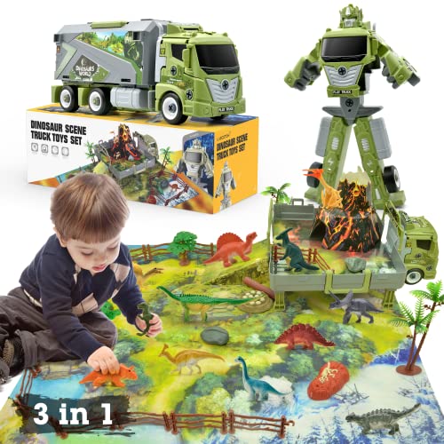 LASCOTON Dinosaur Toys for Kids 3-5, Toy Trucks Christmas Halloween Birthday Gifts for 3 4 5 6 7 Year Old Boys Girls Toddlers, Dinosaurs Figures Cars Playset with Play Mat, Dino Trailer Semi Truck