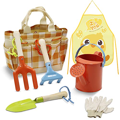 Kids Gardening Tools Set - 7 PCS Toddler Gardening Set Include Tote Bag,Rake, Fork,Shovels,Apron,Toddler Gardening Gloves and Kids Watering Can - Kids Gift,Outdoor Toys Gift for Age 3-8