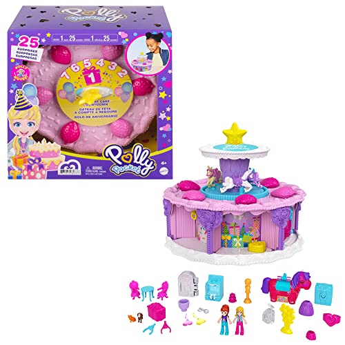Polly Pocket Birthday Cake Countdown for Birthday Week, Birthday Cake Shape & Package, 7 Play Areas, 25 Surprises, Makes a Great Birthday Gift for Ages 4 Years Old & Up