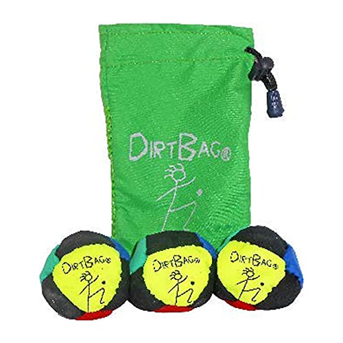 Dirtbag Classic Footbag Hacky Sack 3 Pack with Pouch, Unique, Footbag Set with Signature Carry Bag - Multi Color Green Pouch.