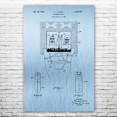 Patent Earth Finger Puppet Theater Poster Print, Toy Collector Gift, Puppet Wall Art, Daycare Decor, Theater Art, Marionette Gifts Blue Steel (12 inch x 16 inch)