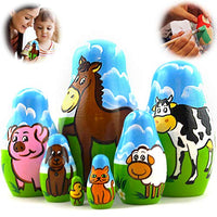 Farm Animals Set 7 pcs Wood Nesting Dolls for Kids - Pet Figurine Set Wooden Matryoshka Stacking Toys