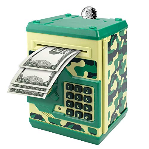 Suliper Electronic Piggy Bank Code Lock for Kids Baby Toy, Mini ATM Safe Coin Cash Banks Real Money Saving Box With Password, Auto Money Scroll for Children,Boys Girls Birthday Gift (Camouflage Green)