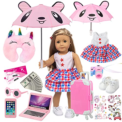 ZQDOLL American 18 inch Doll Clothes and Accessories - Doll Travel Suitcase Play Set Including Suitcase Doll Clothes, Shoes, Umbrella, Sunglasses, Camera, Unicorn Pillow, for 18 inch Girl Doll