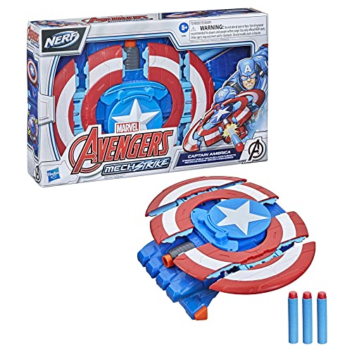 Avengers Marvel Mech Strike Captain America Strikeshot Shield Role Play Toy with 3 NERF Darts, Pull Handle to Expand, for Kids Ages 5 and Up