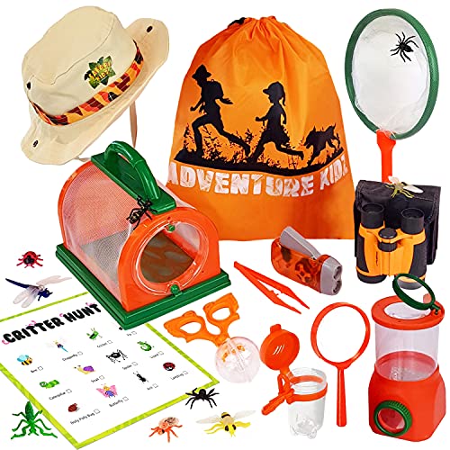 Adventure Kidz Outdoor Bug Exploration Kit, Binoculars, Magnifying Glass, Bug Container, Viewers, Critter Cage, Net, Backpack, Hat