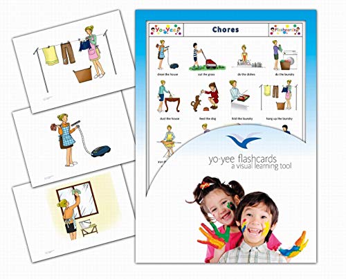 Yo-Yee Flash Cards - Chores and Household Duties Picture Cards - English Vocabulary Word Cards for Toddlers, Kids, Children and Adults - Including Teaching Activities and Game Ideas