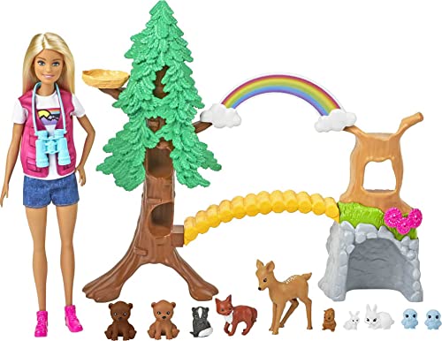 Barbie Wilderness Guide Interactive Playset with Blonde Barbie Doll (12-in), Outdoor Tree, Bridge, Overhead Rainbow, 10 Animals & More, Great Gift for Ages 3 Years Old & Up