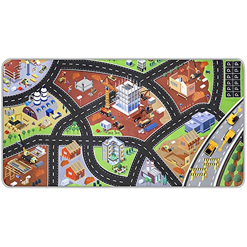 PRETYZOOM Construction Theme Kids Carpet Playmat Engineering Playing Rug Educational Scene Map Floor Cushion with Alloy Pull Back Vehicles 170 x 90 cm Household Supplies