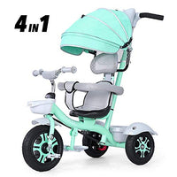 Moolo Tricycle for Kids, Age 2 to 3 Stroller Rotating Seat Detachable Canopy Silent Wheels Foot Pedal Folding Pushing Handle (Color : Green)