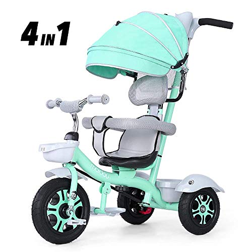 Moolo Tricycle for Kids, Age 2 to 3 Stroller Rotating Seat Detachable Canopy Silent Wheels Foot Pedal Folding Pushing Handle (Color : Green)